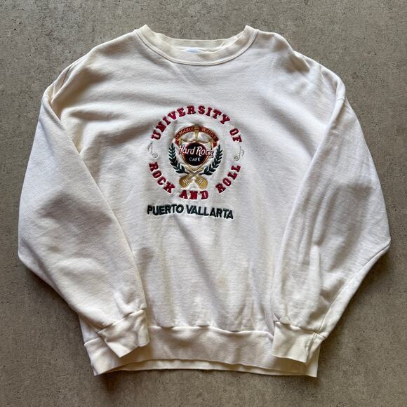 Vintage 90's University of Hard Rock Puerto Vallarta White Crewneck Sweatshirt L - Picture 1 of 6